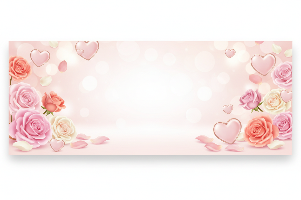 BANNER SIZE IMAGE WITH PINK ACCENTS THAT IS VERY GIRL AND FEMININE WITH HEARTS AND ROSES